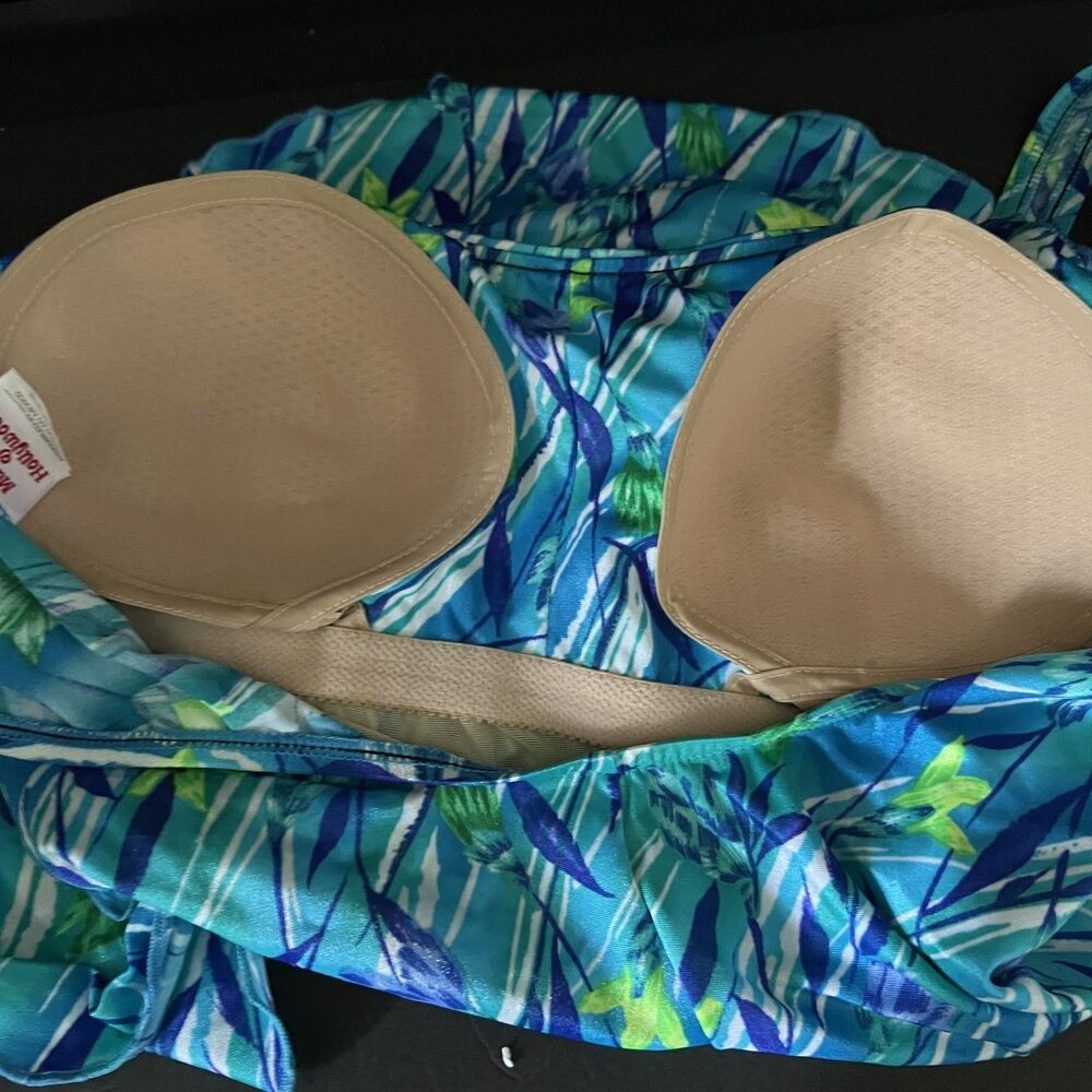Maxine Of Hollywood Blue Green Tropical Floral Front Skirted Swimsuit 18 READ - Picture 7 of 11